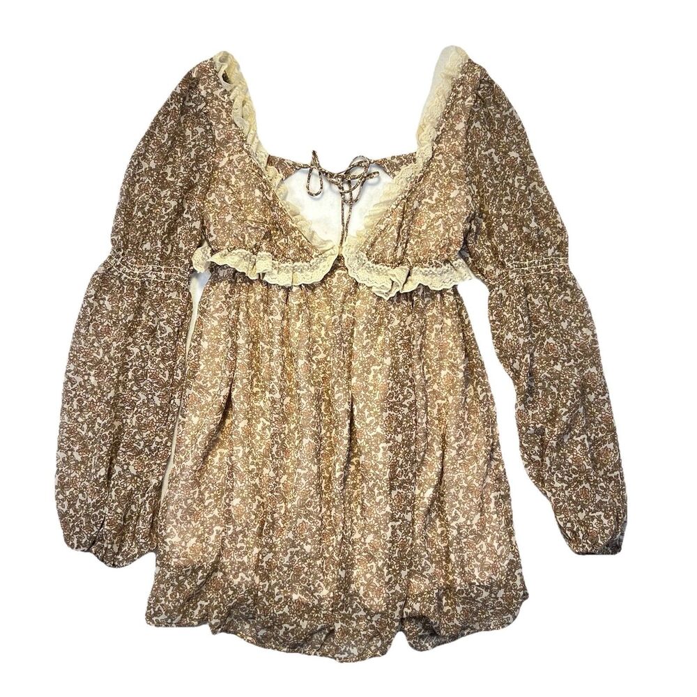 Free People Womens Beige Pennie Floral Ruffle Long Sleeve Mini Dress Size S - Picture 2 of 14